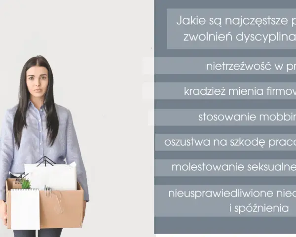 Kobieta z kartonem rzeczy po zwolnieniu dyscyplinarnym. Na ekranie lista powodów: nietrzeźwość, kradzież, mobbing, oszustwa, molestowanie, nieobecności.