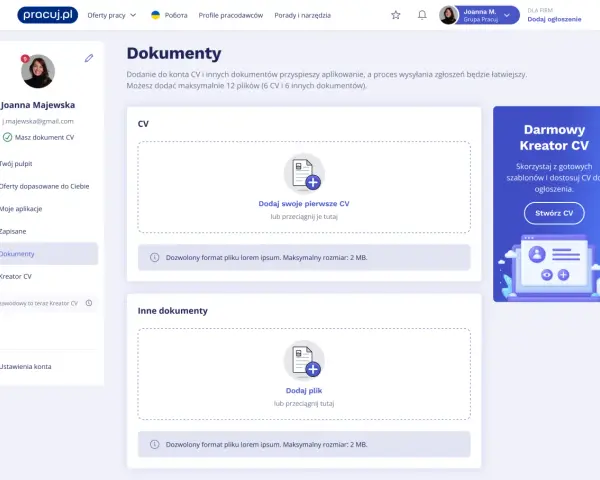 Strona "Dokumenty" na portalu pracuj.pl. Widzisz sekcję CV, gdzie możesz dodać swoje pierwsze CV, oraz sekcję "Inne dokumenty". Pamiętaj, co musi zawierać CV, aby było skuteczne.