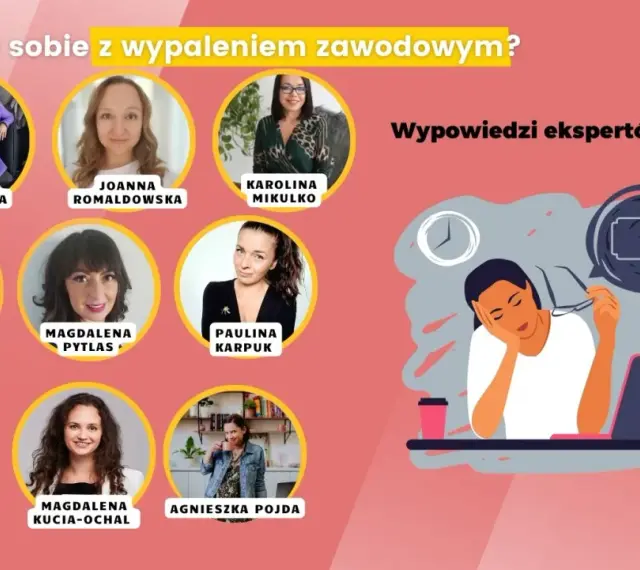 Ekspertki omawiają, jak radzić sobie z wypaleniem zawodowym. Ilustracja przedstawia zmęczoną osobę przy biurku z niskim poziomem baterii.