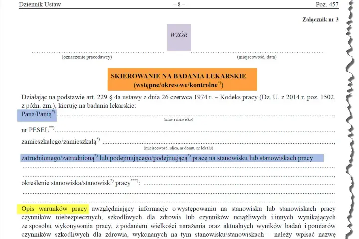 Skierowanie na badania lekarskie pracownika, zawierające dane osobowe i opis stanowiska pracy.