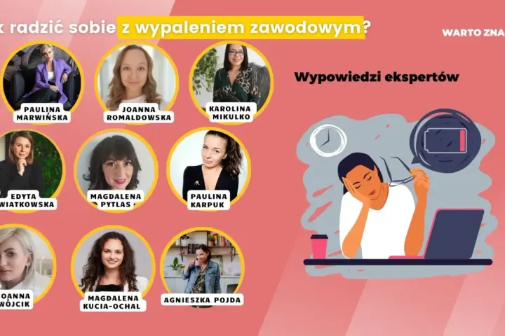 Ekspertki omawiają, jak radzić sobie z wypaleniem zawodowym. Ilustracja przedstawia zmęczoną osobę przy biurku z niskim poziomem baterii.