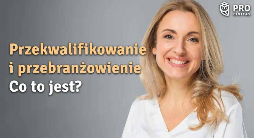 Uśmiechnięta kobieta z tekstem "Przekwalifikowanie i przebranżowienie. Co to jest?". Może to być inspiracja do zmiany zawodu w szkole branżowej.
