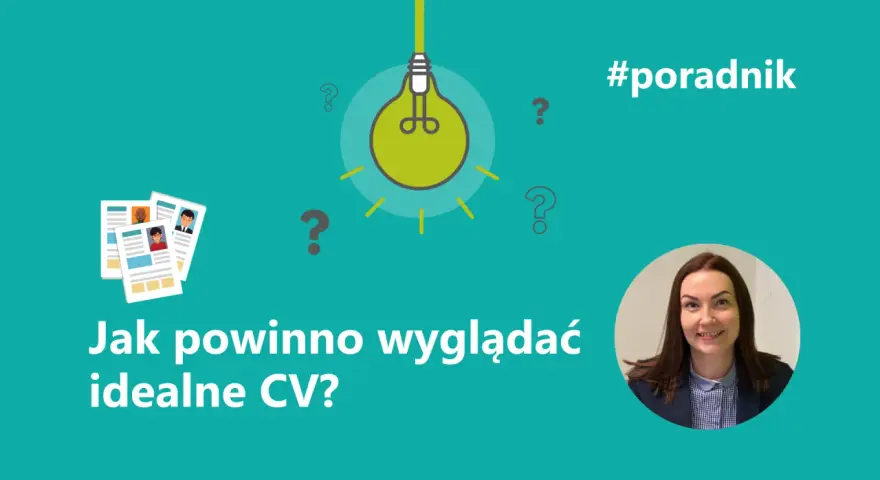 Grafika z pytaniami i żarówką, ilustrująca, co powinno być w CV. Idealne CV to klucz do sukcesu.