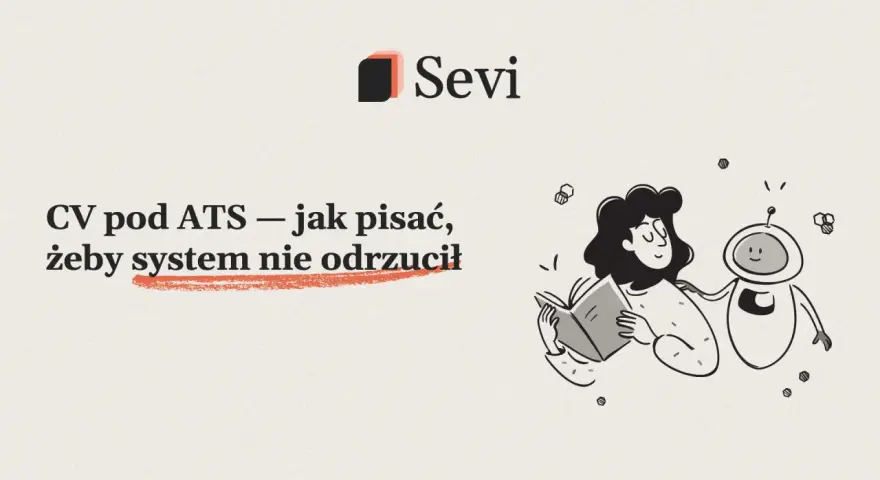 CV pod ATS – jak pisać, żeby system nie odrzucił. Ilustracja z robotem i kobietą czytającą książkę.