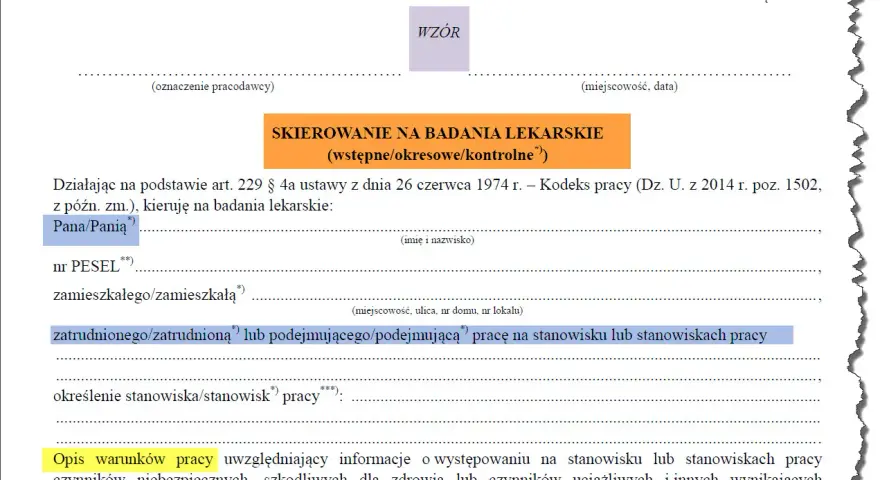 Skierowanie na badania lekarskie pracownika, zawierające dane osobowe i opis stanowiska pracy.