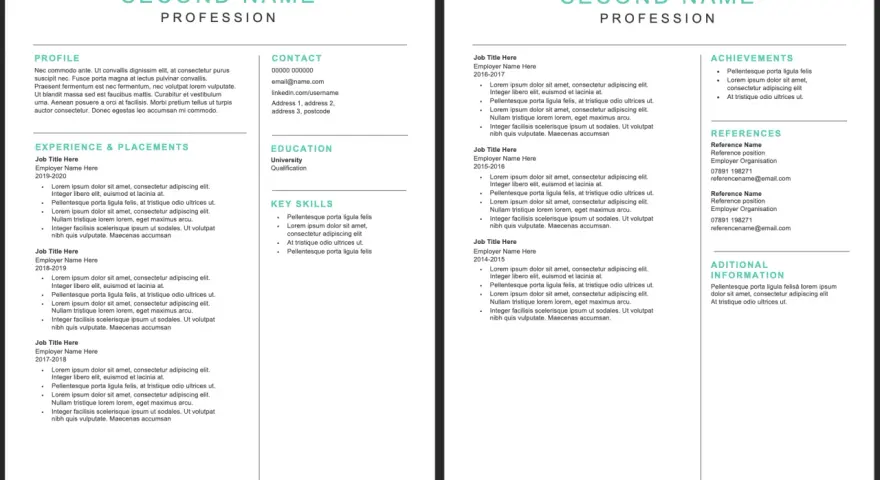Dwa przykładowe profesjonalne CV z sekcjami: dane kontaktowe, doświadczenie, edukacja, umiejętności, osiągnięcia i referencje.