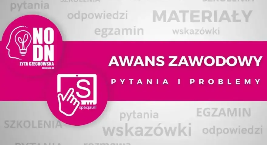 Grafika promuje awans zawodowy, oferując materiały, szkolenia i odpowiedzi na pytania.