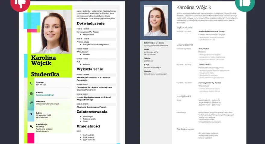 CV studentki Karoliny Wójcik: absolwentka finansów, szuka pracy, pasjonatka analiz i gier matematycznych.