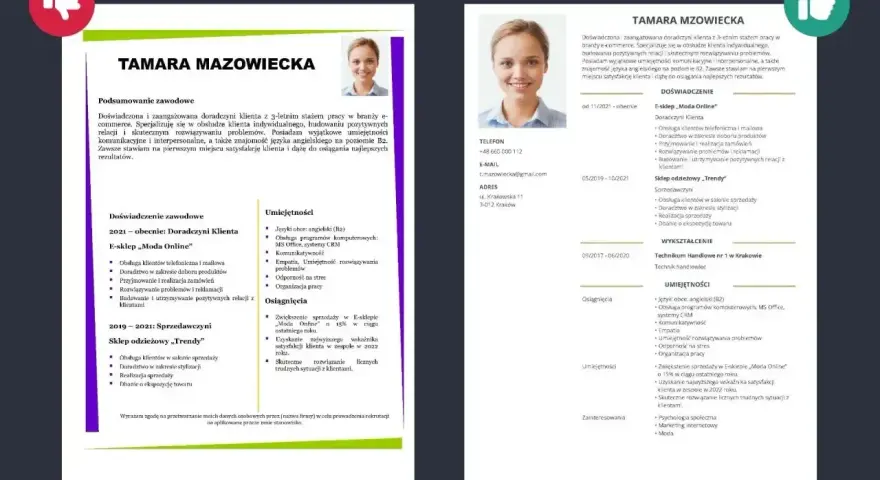 CV Tamary Mazowieckiej: doświadczenie w e-commerce, umiejętności komunikacyjne i osiągnięcia w sprzedaży.
