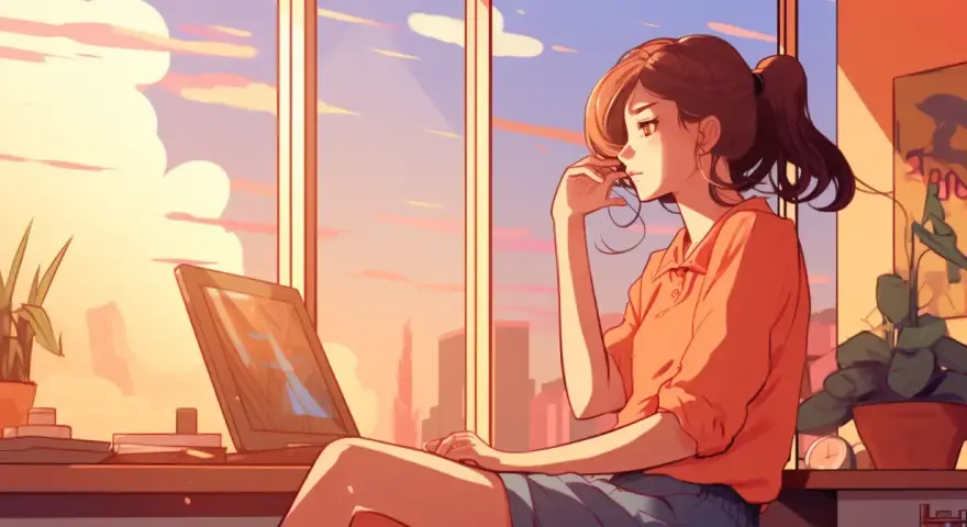 Dziewczyna zamyślona przy laptopie, zastanawia się nad różnicami INFJ-A i INFJ-T. Zachód słońca za oknem.