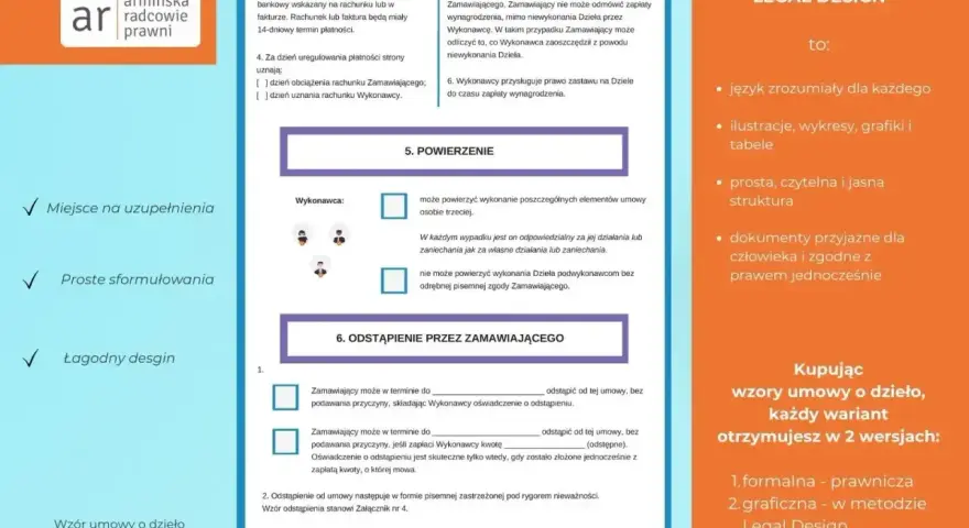 Wzór umowy o dzieło w wersji Legal Design: przejrzysty, zrozumiały, z grafikami. Zawiera klauzule dotyczące zapłaty, powierzenia dzieła i odstąpienia od umowy.
