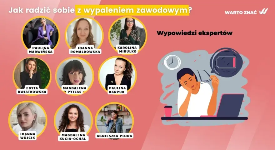 Ekspertki omawiają, jak radzić sobie z wypaleniem zawodowym. Ilustracja przedstawia zmęczoną osobę przy biurku z niskim poziomem baterii.