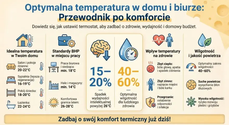 Optymalna temperatura w biurze BHP to klucz do zdrowia i wydajności. Infografika pokazuje idealne zakresy dla domu i pracy, wpływ temperatury na samopoczucie oraz wilgotność powietrza.
