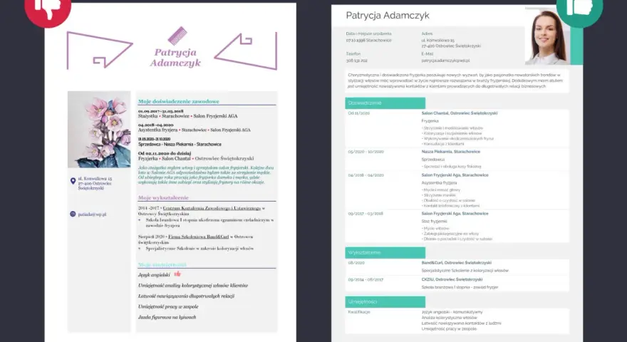 CV fryzjer wzór: Patrycja Adamczyk, doświadczona fryzjerka, poszukuje nowych wyzwań. Umiejętności: strzyżenie, koloryzacja, stylizacja.