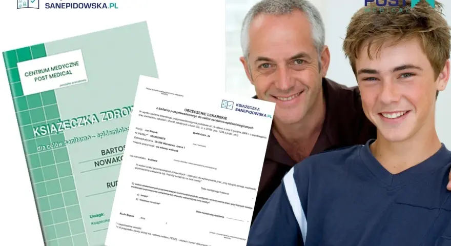Uśmiechnięty ojciec i syn pozują z książeczką sanepidowską. Dokument potwierdza brak przeciwwskazań do pracy.