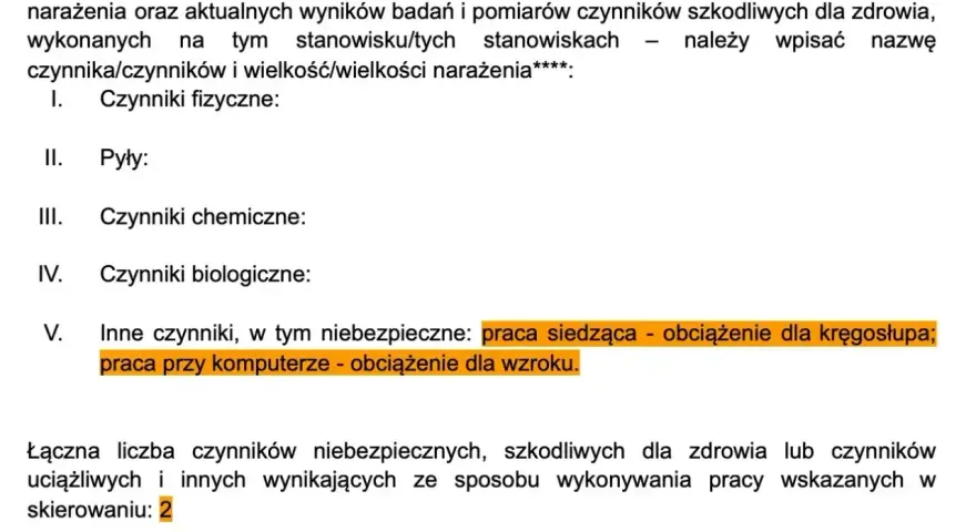 Formularz do badań wstępnych do pracy, uwzględniający czynniki szkodliwe, uciążliwe i niebezpieczne, np. praca siedząca i przy komputerze.