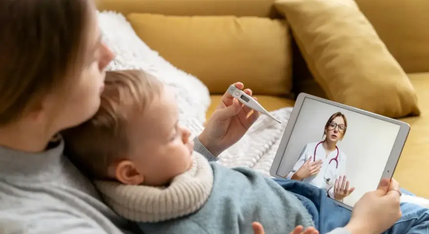 Mama mierzy temperaturę dziecku, konsultując się z lekarzem online. L4 na dziecko przez teleporadę.