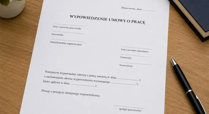 Dokument "Wypowiedzenie umowy o pracę" leży na drewnianym biurku obok długopisu.