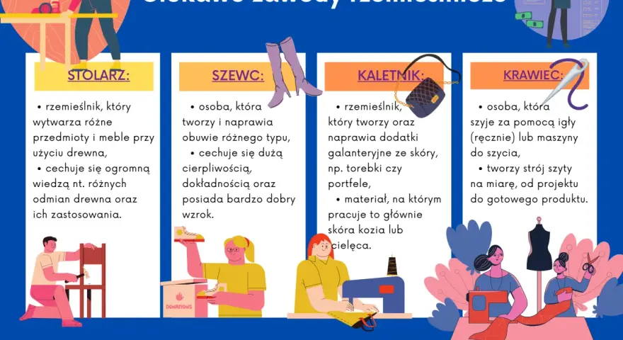 Lista ciekawych zawodów rzemieślniczych: stolarz, szewc, kaletnik, krawiec.