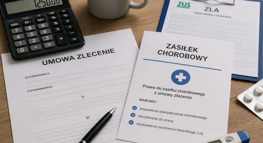 Dokumenty dotyczące umowy zlecenia, zasiłku chorobowego i zwolnienia lekarskiego (L4). Kalkulator pokazuje 1250.00.