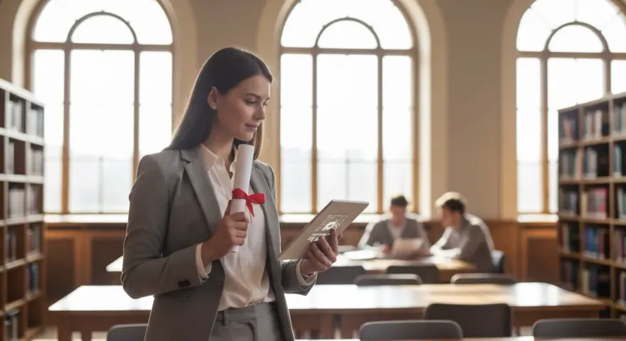 Młoda kobieta z dyplomem w ręku, zastanawia się, czy licencjat to wykształcenie wyższe. W tle biblioteka i studenci.