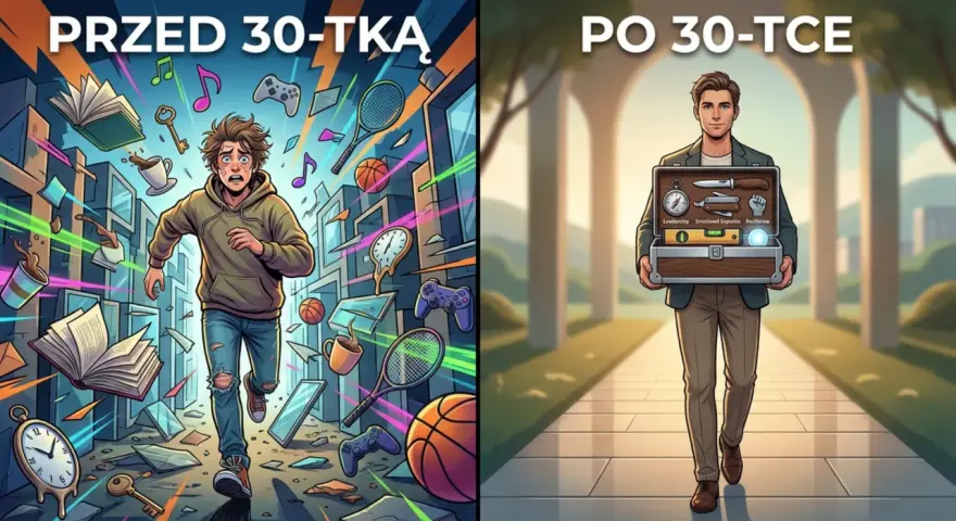 Przed 30. rokiem życia chaos, po 30. zmiana zawodu i dojrzałość. Mężczyzna z walizką narzędzi symbolizuje rozwój.