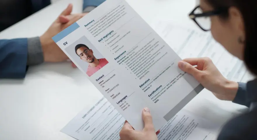 Kobieta przegląda wzór CV z profesjonalnym zdjęciem kandydata, gotowa do oceny jego kwalifikacji.