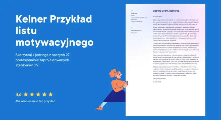 Przykładowy list motywacyjny kelnerki, podkreślający doświadczenie i pasję do obsługi gości.