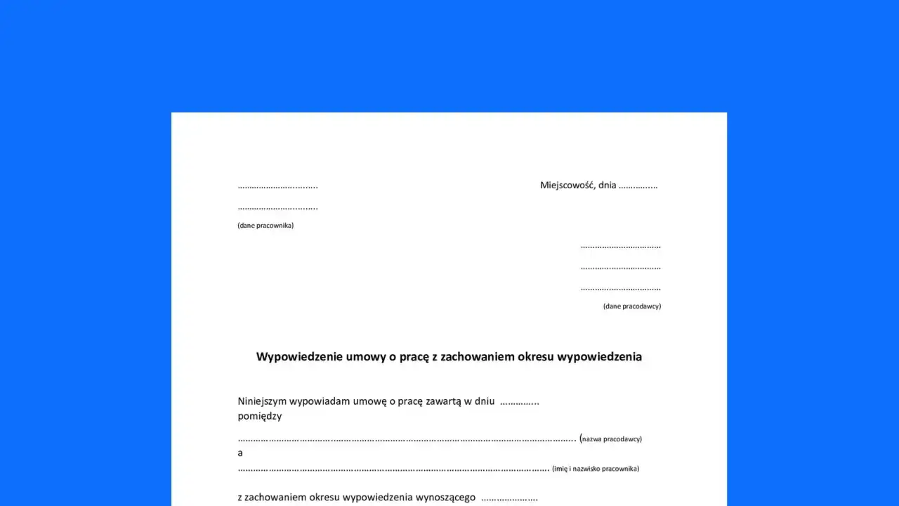 Dokument wypowiedzenia umowy o pracę. Pracownik informuje o zakończeniu zatrudnienia, podając dane swoje i pracodawcy.