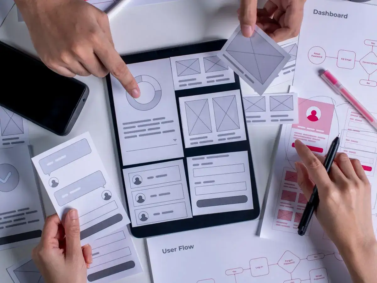 Zesp&oacute;ł projektuje interfejsy, dyskutując o ux designer zarobki. Na stole szkice, tablet z makietami i schemat User Flow.