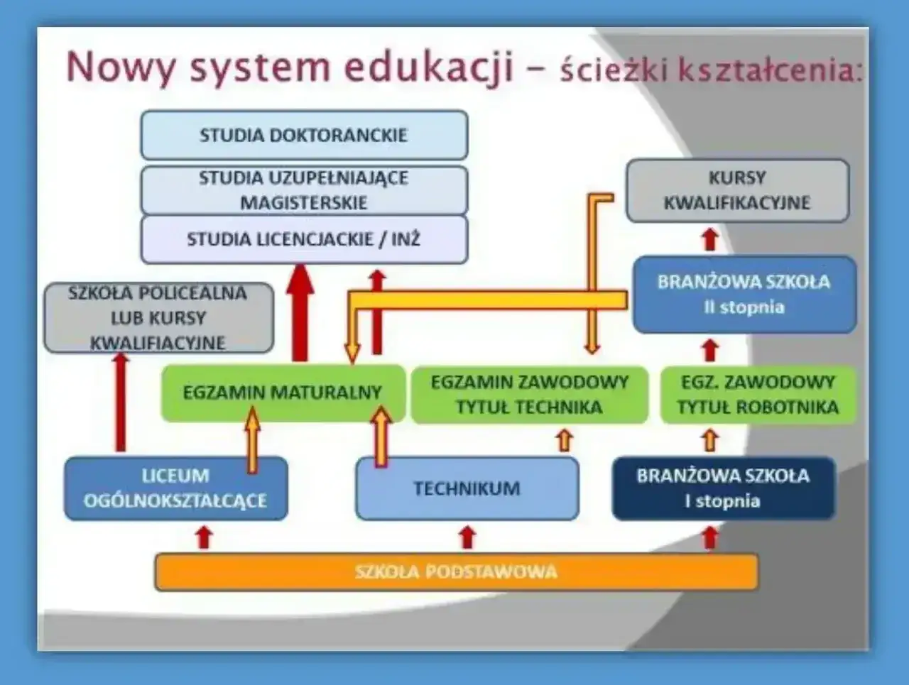Schemat pokazuje, że studia licencjackie to wykształcenie wyższe, prowadzące do studiów magisterskich i doktoranckich.