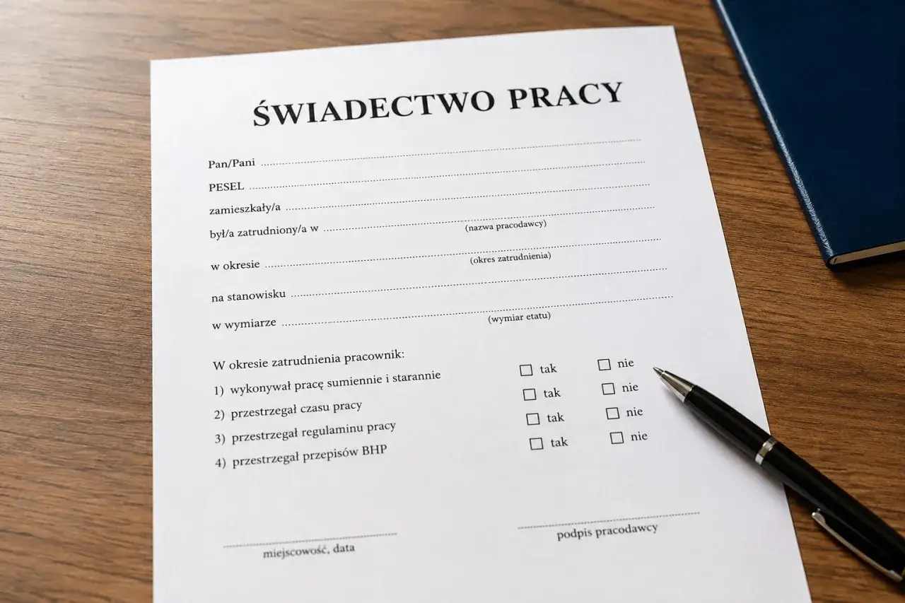Świadectwo pracy z polami do wypełnienia, kt&oacute;re pomogą określić, co się wlicza do stażu pracy. Długopis i notatnik obok.