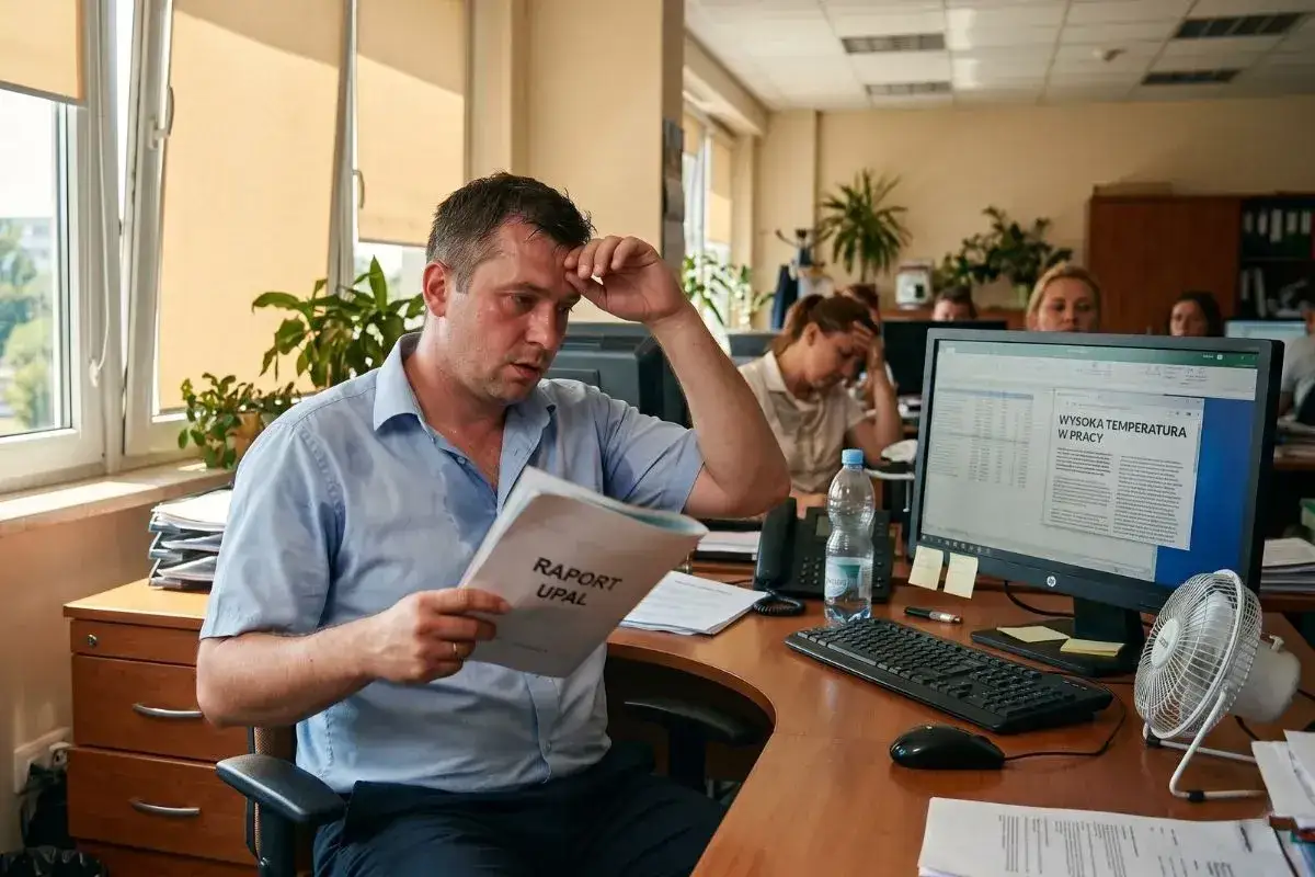 Mężczyzna w pocie czoła czyta raport