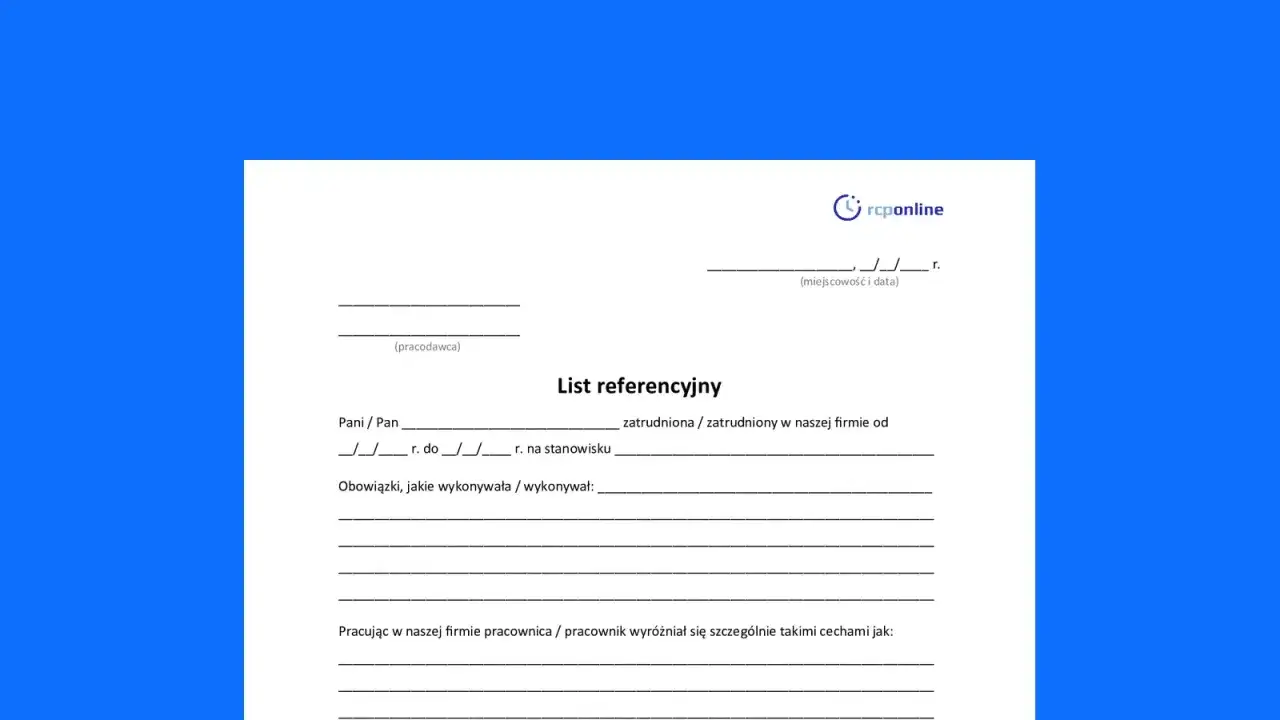 List polecający wz&oacute;r do wypełnienia przez pracodawcę, zawierający dane pracownika, okres zatrudnienia, obowiązki i cechy charakteru.