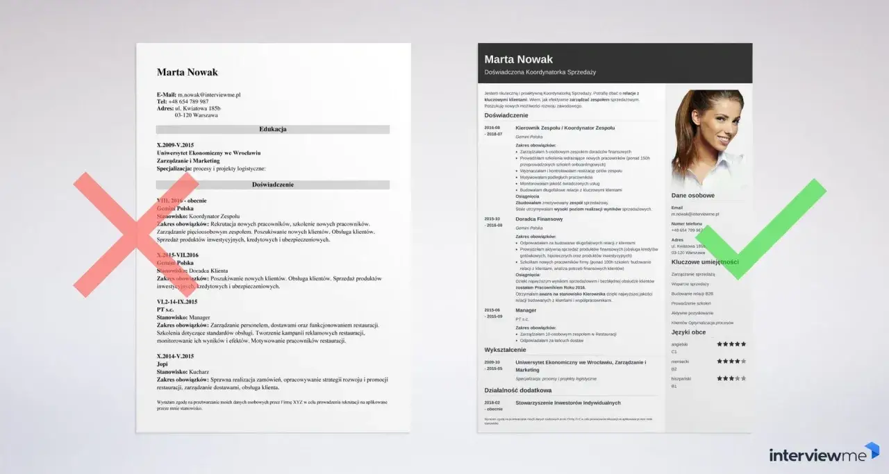 CV Marty Nowak z datą urodzenia w CV, kluczowymi umiejętnościami i doświadczeniem w sprzedaży.