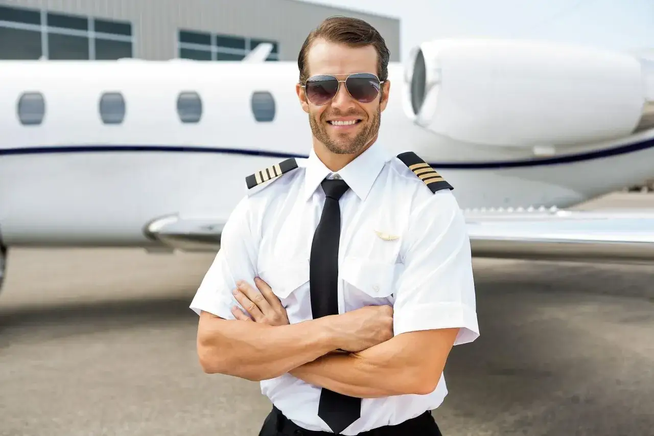 Uśmiechnięty pilot w okularach przeciwsłonecznych, w białej koszuli z naszywkami, stoi przed odrzutowcem. To zawody dla mężczyzn, kt&oacute;rzy marzą o lataniu.