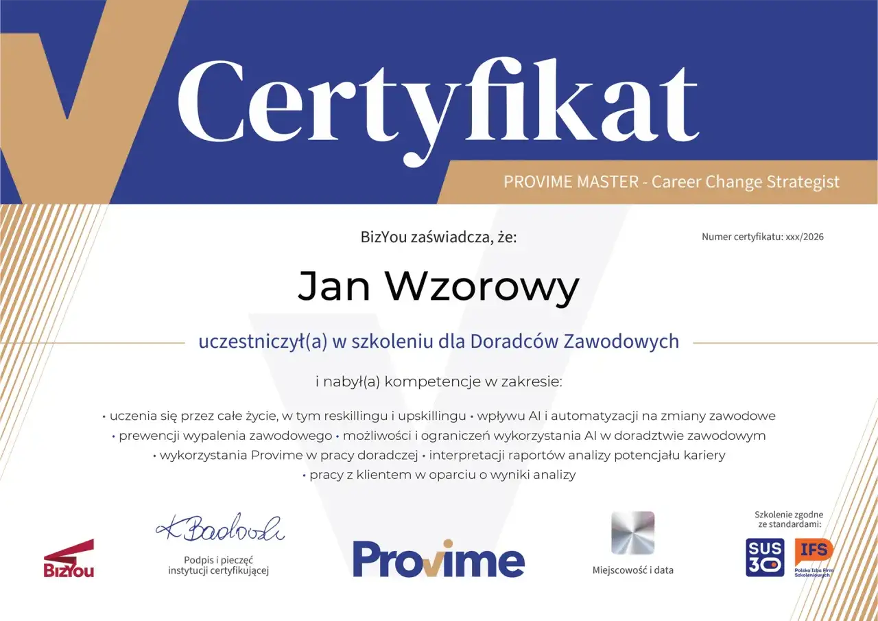 Certyfikat dla Jana Wzorowego, potwierdzający udział w szkoleniu dla Doradców Zawodowych i zdobycie kompetencji w zakresie zmian zawodowych. To ważne certyfikaty zawodowe.