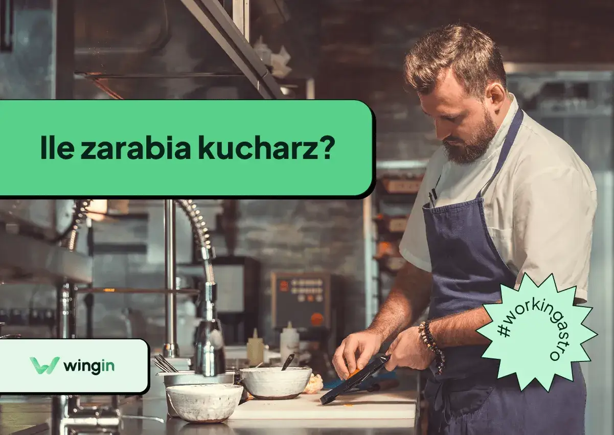 Kucharz w fartuchu kroi warzywa. Zielony napis pyta: