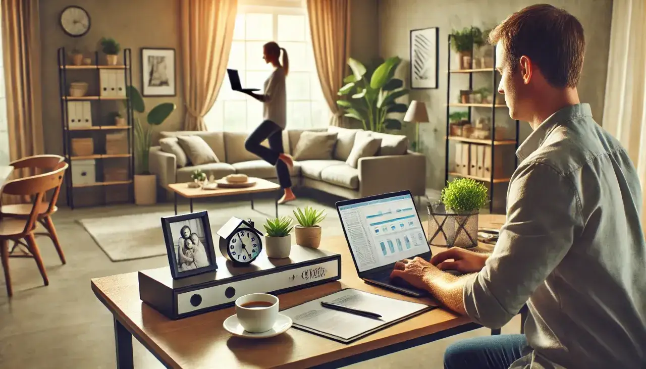 Mężczyzna pracuje przy laptopie w salonie, podczas gdy kobieta z komputerem stoi przy oknie. To przykład, jak osiągnąć work life balance co to jest.