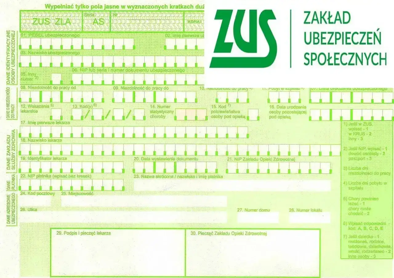 Formularz ZUS ZLA, kt&oacute;ry określa, kto płaci za L4. Dokument zawiera dane ubezpieczonego, lekarza i płatnika.