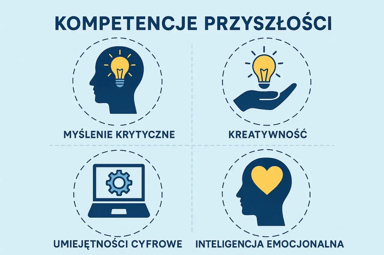 Grafika przedstawia kluczowe umiejętności przyszłości: myślenie krytyczne, kreatywność, umiejętności cyfrowe i inteligencję emocjonalną.