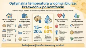 Optymalna temperatura w biurze BHP to klucz do zdrowia i wydajności. Infografika pokazuje idealne zakresy dla domu i pracy, wpływ temperatury na samopoczucie oraz wilgotność powietrza.